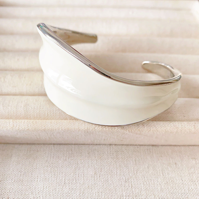 White Enamel Scroll Leaf Width Face Bangles Bracelet