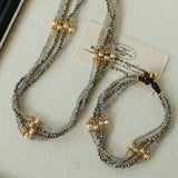 Faceted Gold Ore & Sparkling Stone Multi - Layer Necklace Choker with Pearls - floysun