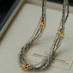 Faceted Gold Ore & Sparkling Stone Multi - Layer Necklace Choker with Pearls - floysun