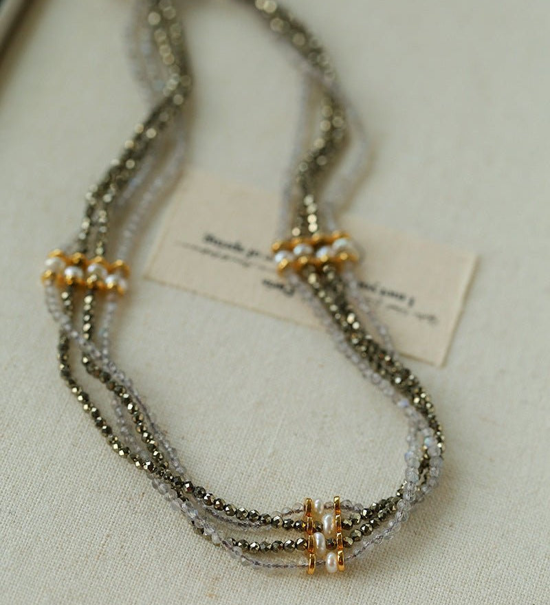 Faceted Gold Ore & Sparkling Stone Multi - Layer Necklace Choker with Pearls - floysun