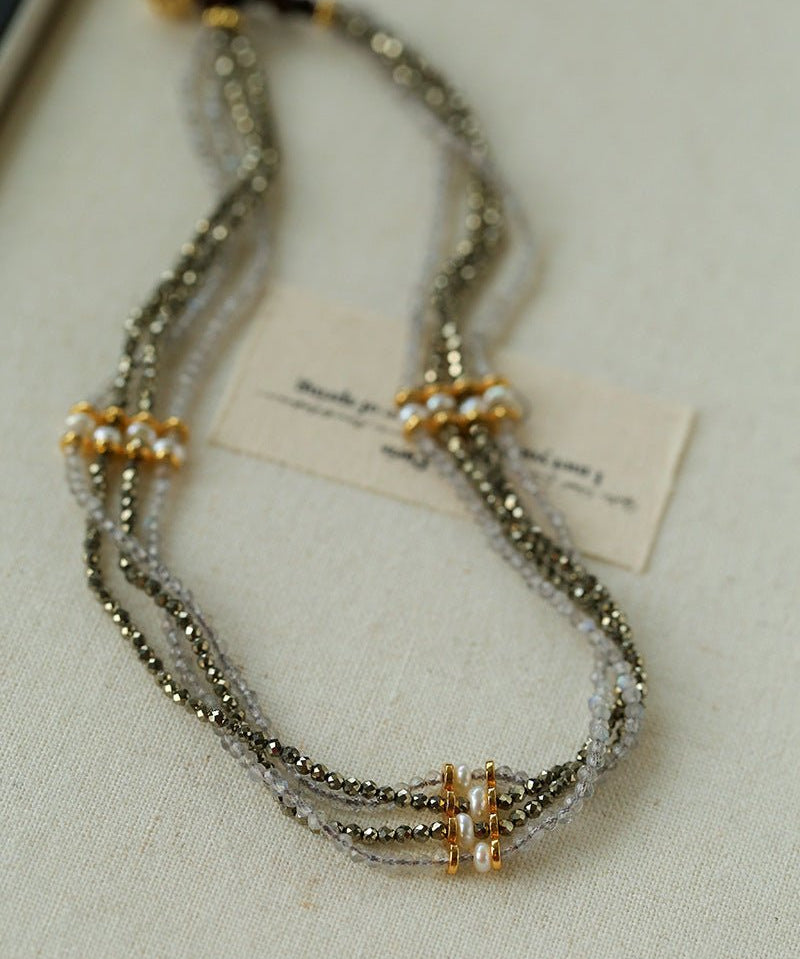 Faceted Gold Ore & Sparkling Stone Multi - Layer Necklace Choker with Pearls - floysun
