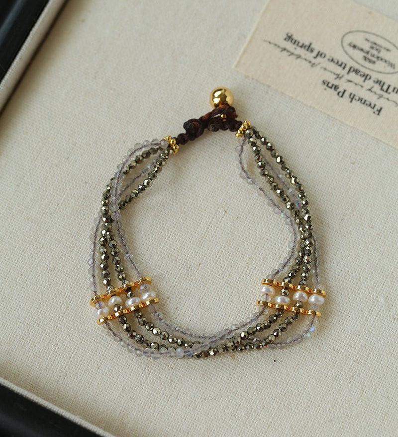 Faceted Golden Ore & Sparkling Stone Multi - Layer Bracelet with Pearls - floysun