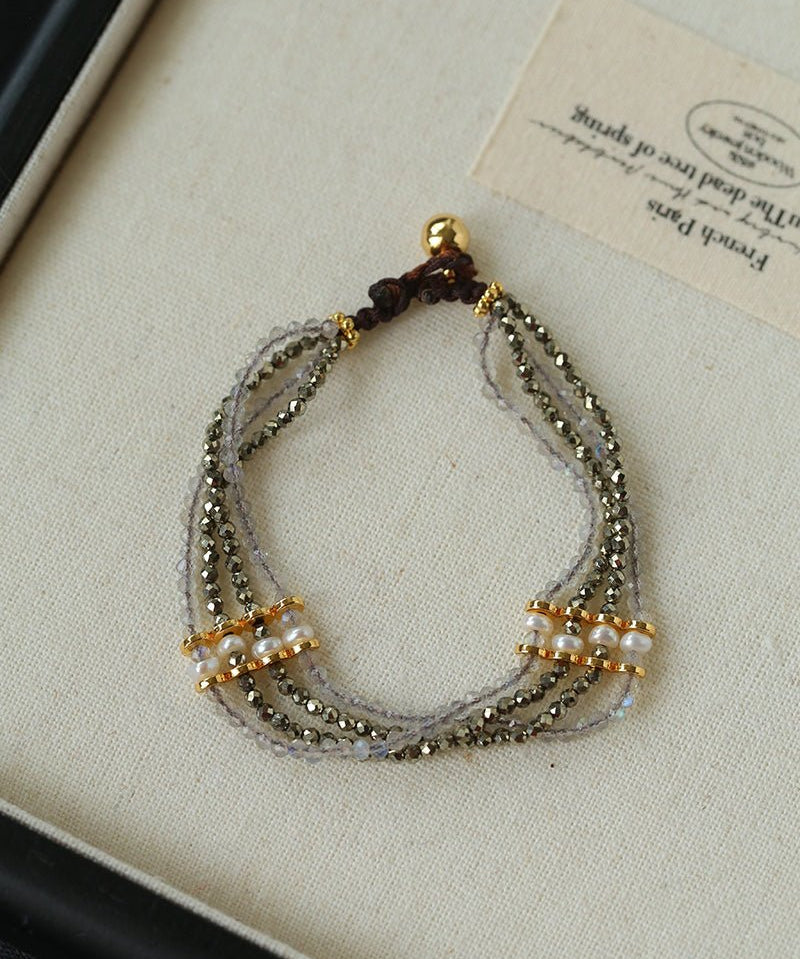 Faceted Golden Ore & Sparkling Stone Multi - Layer Bracelet with Pearls - floysun