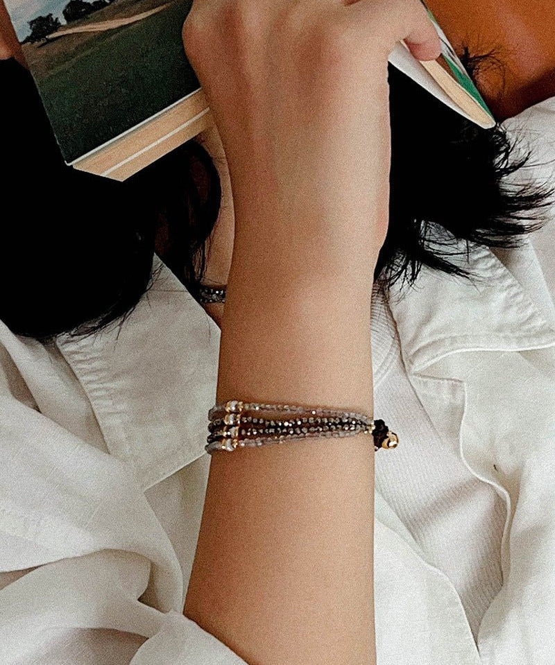 Faceted Golden Ore & Sparkling Stone Multi - Layer Bracelet with Pearls - floysun