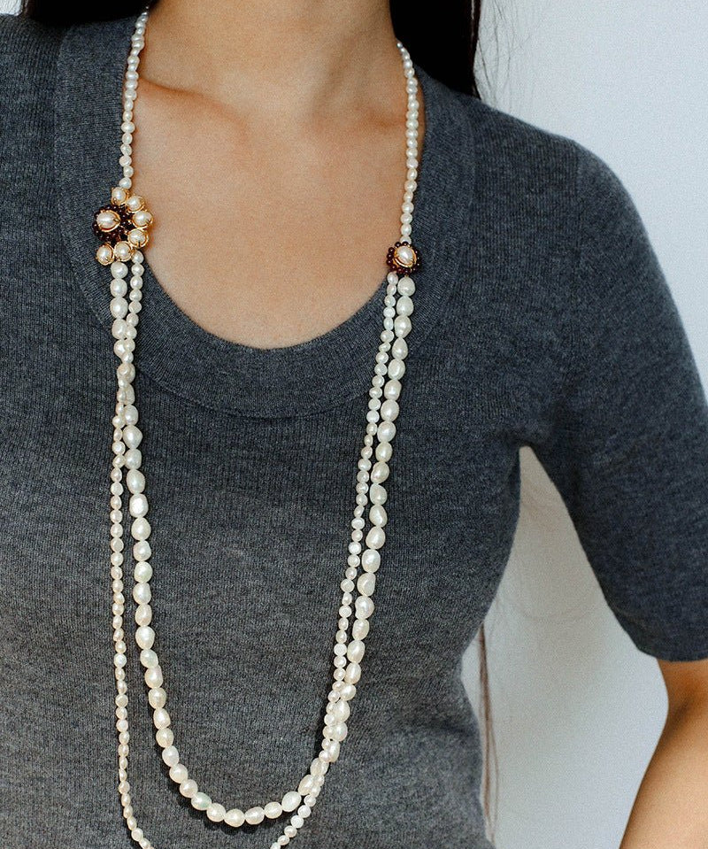 Fan - Shaped Natural Pearl Long Necklace | Vintage Layered Statement Necklace - floysun