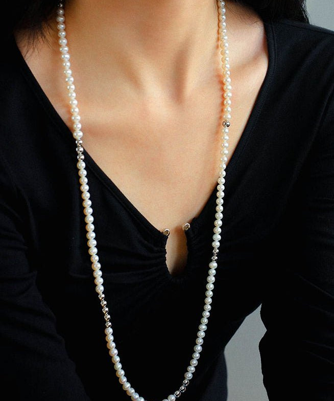 Fashion Freshwater Pearl Long Silver Necklace - floysun