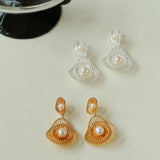 Fashionable Hollow Ripple Double Pearl Earrings - floysun
