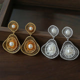 Fashionable Hollow Ripple Double Pearl Earrings - floysun