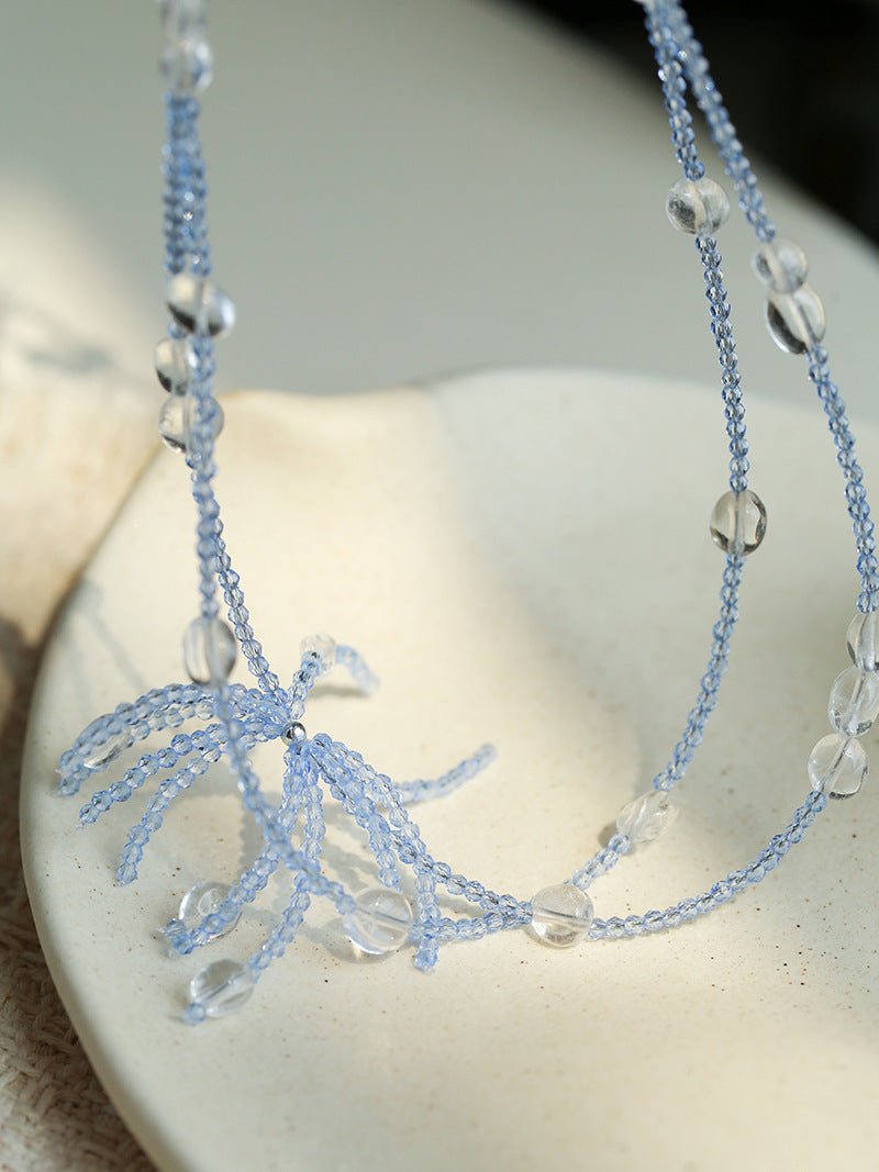 Fireworks Bloom Double - Layer Necklace - Blue Crystal Choker with Clear Quartz - floysun