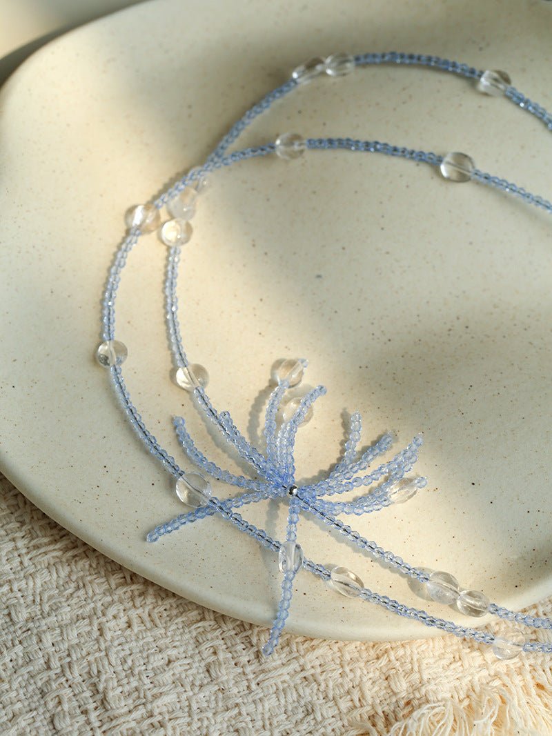 Fireworks Bloom Double - Layer Necklace - Blue Crystal Choker with Clear Quartz - floysun