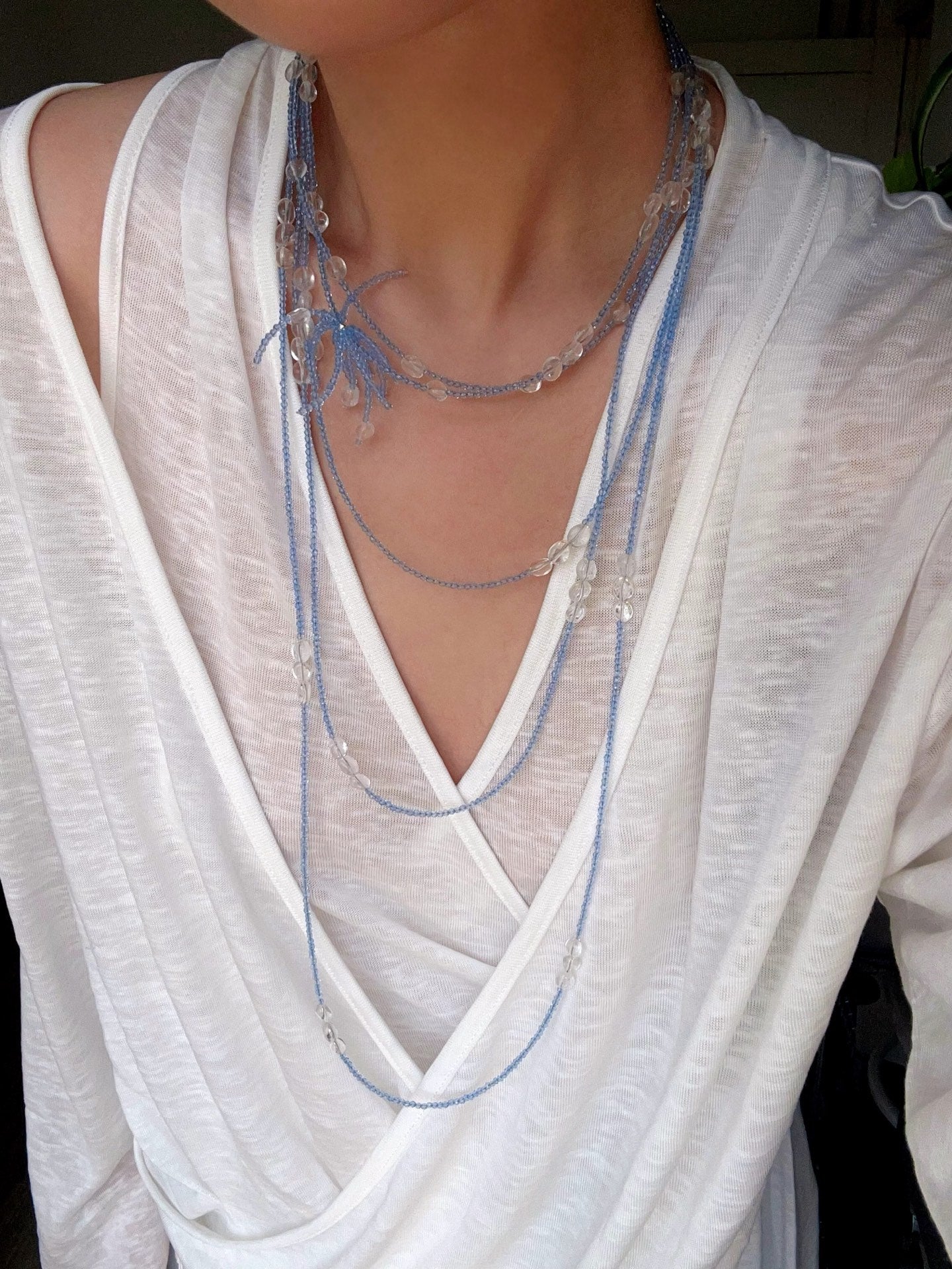 Fireworks Bloom Double - Layer Necklace - Blue Crystal Choker with Clear Quartz - floysun