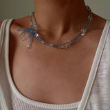 Fireworks Bloom Double - Layer Necklace - Blue Crystal Choker with Clear Quartz - floysun