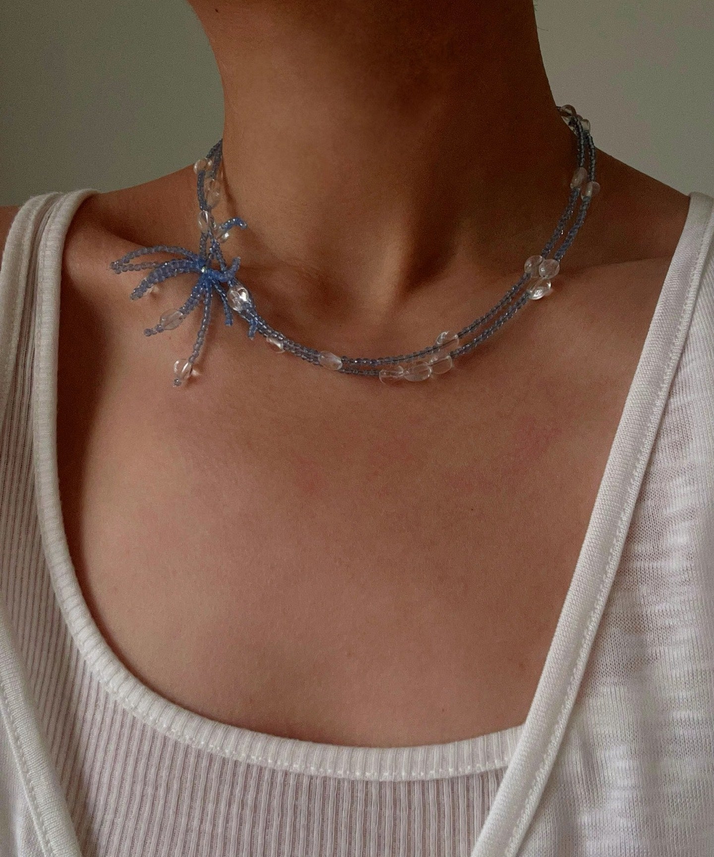 Fireworks Bloom Double - Layer Necklace - Blue Crystal Choker with Clear Quartz - floysun