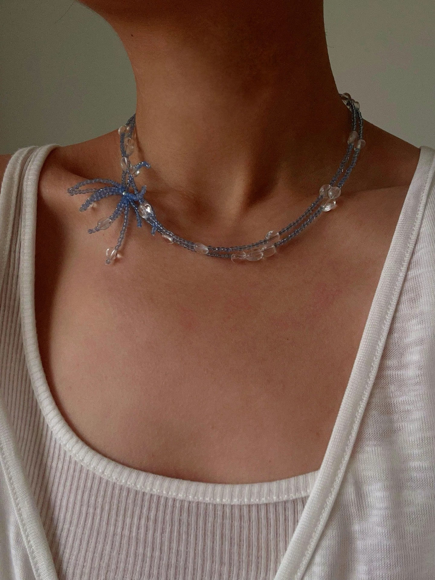 Fireworks Bloom Double - Layer Necklace - Blue Crystal Choker with Clear Quartz - floysun