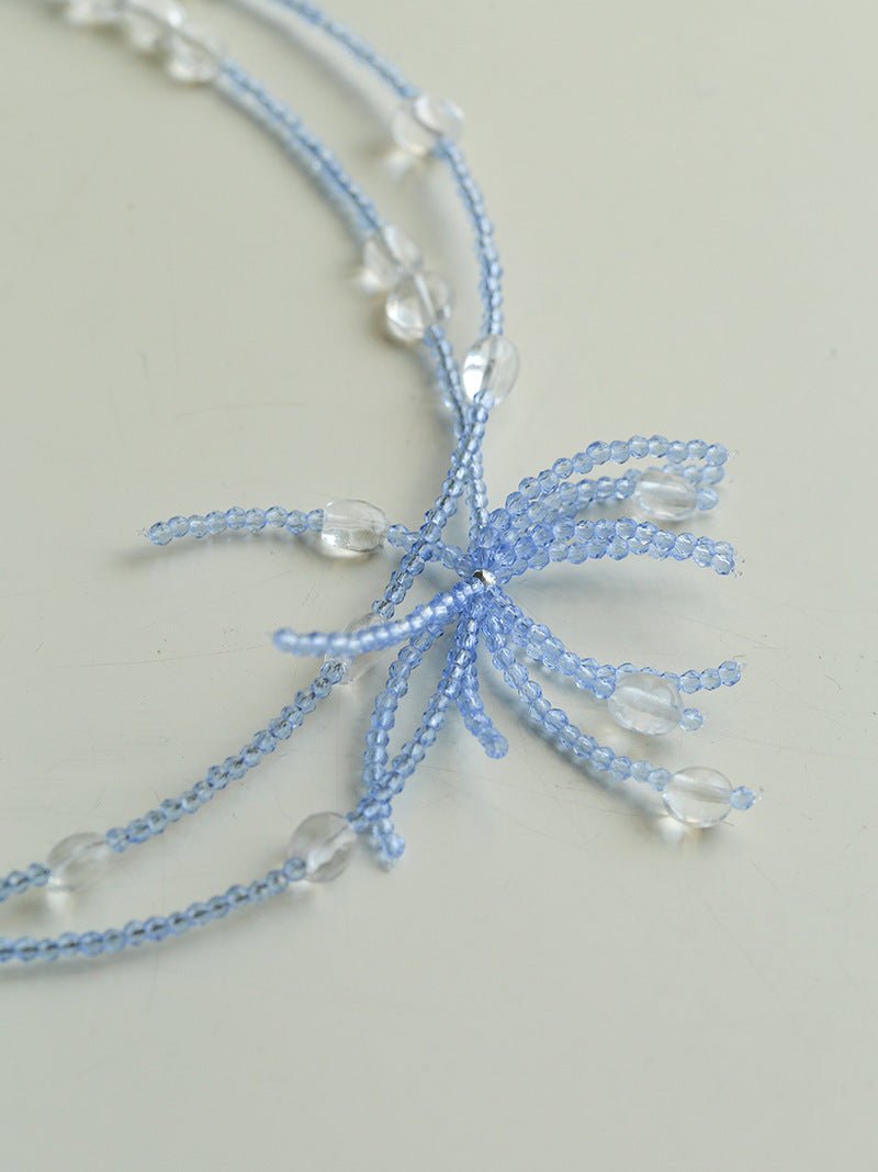 Fireworks Bloom Double - Layer Necklace - Blue Crystal Choker with Clear Quartz - floysun