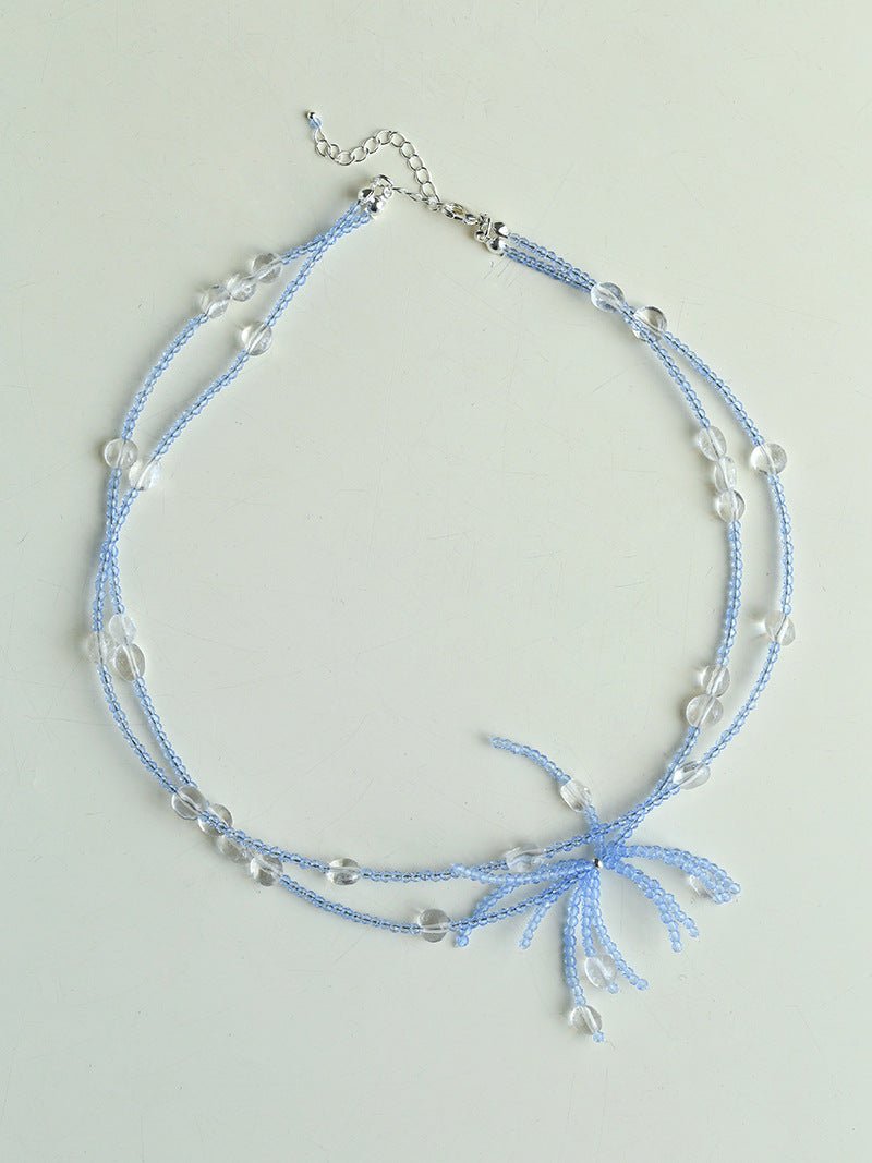 Fireworks Bloom Double - Layer Necklace - Blue Crystal Choker with Clear Quartz - floysun