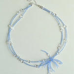 Fireworks Bloom Double - Layer Necklace - Blue Crystal Choker with Clear Quartz - floysun