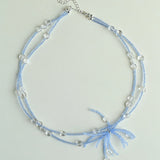 Fireworks Bloom Double - Layer Necklace - Blue Crystal Choker with Clear Quartz - floysun