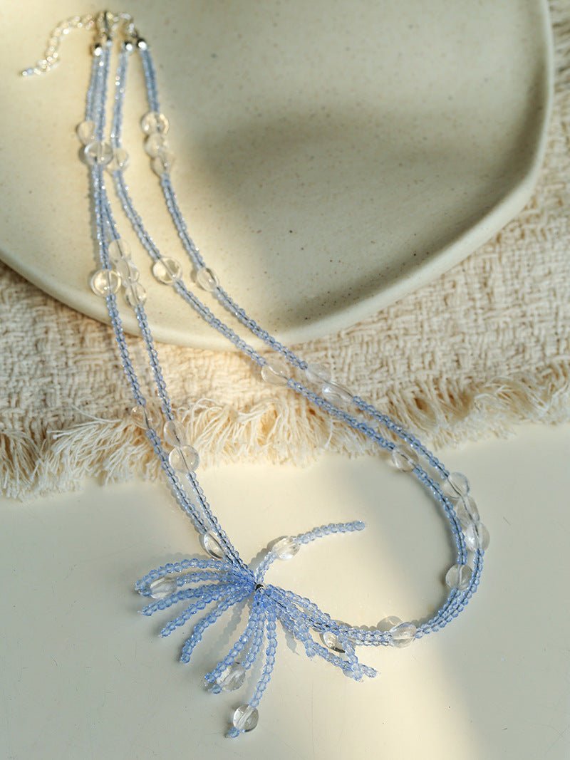 Fireworks Bloom Double - Layer Necklace - Blue Crystal Choker with Clear Quartz - floysun