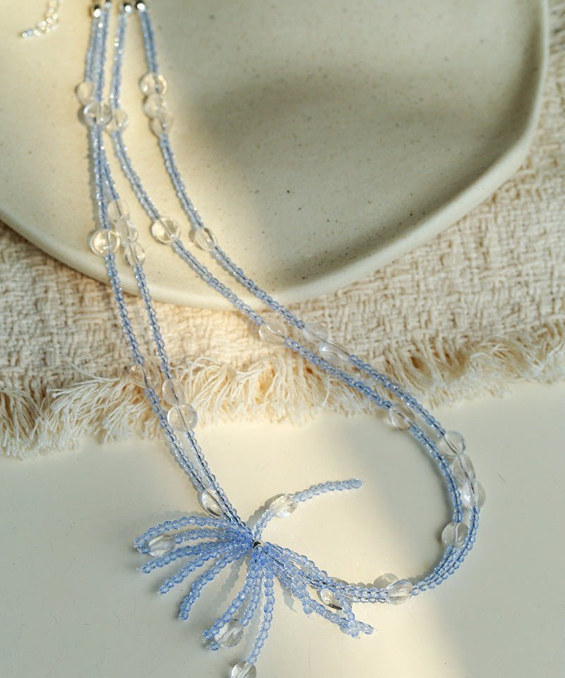 Fireworks Bloom Double - Layer Necklace - Blue Crystal Choker with Clear Quartz - floysun