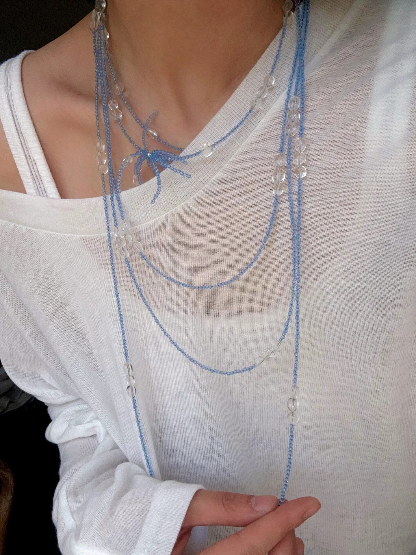 Fireworks Bloom Double - Layer Necklace - Blue Crystal Choker with Clear Quartz - floysun