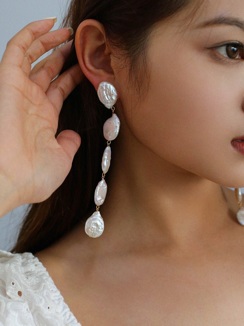 Flat Round Freshwater Baroque Long Drop Earrings-Large - floysun