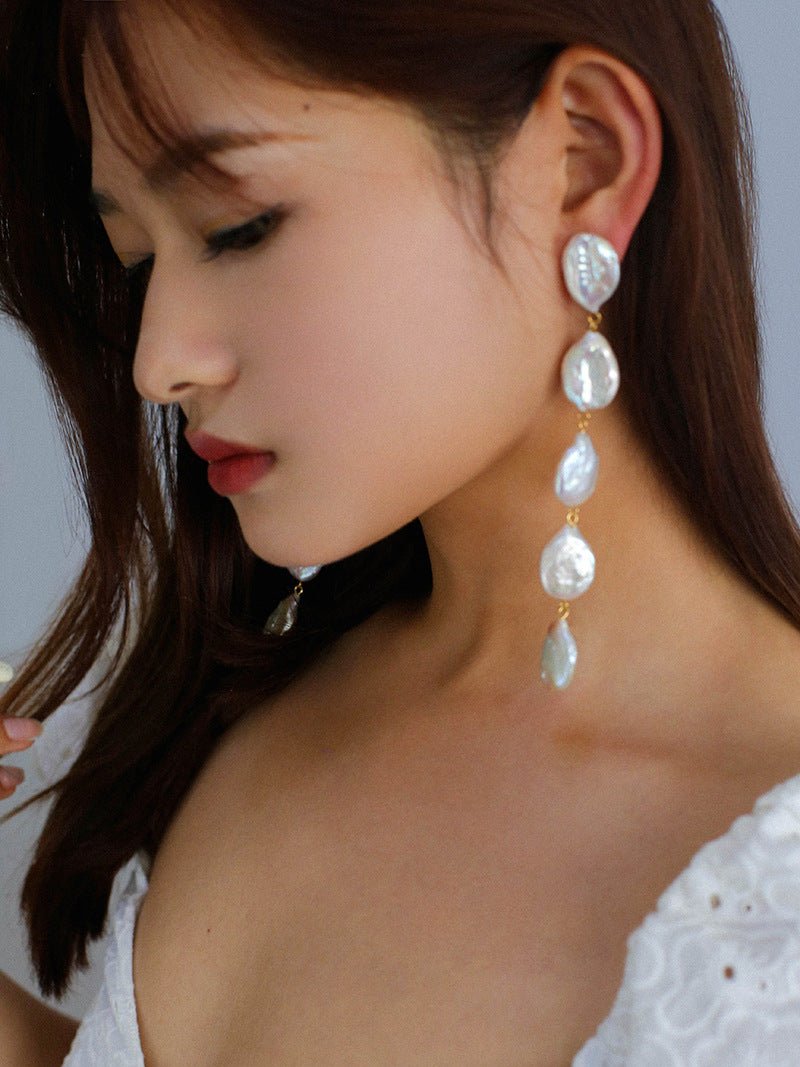 Flat Round Freshwater Baroque Long Drop Earrings-Large - floysun