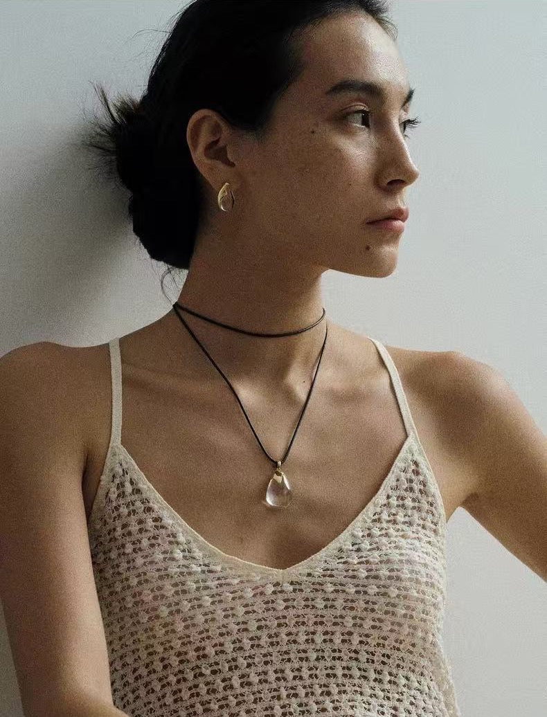 Flowing White Crystal Necklace Adjustable Wax Cord Design - floysun