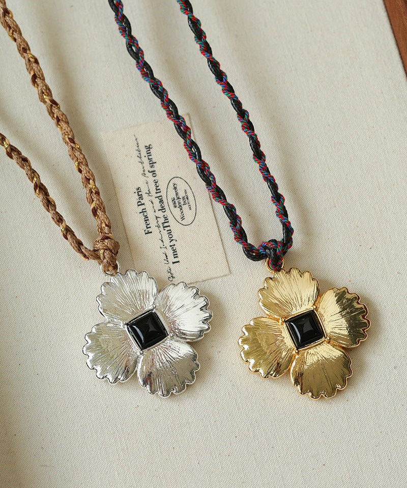 “Fortune Circle” Shell Hibiscus & Clover Long Necklace - floysun