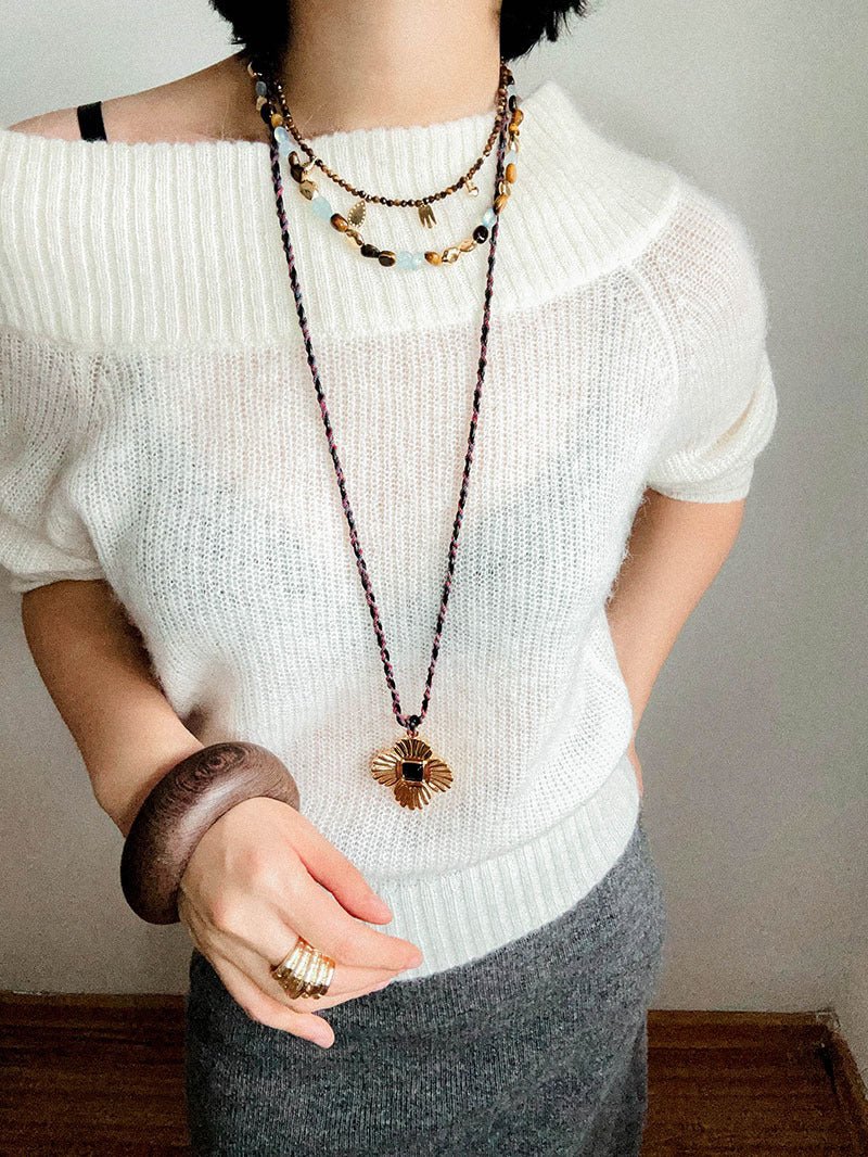 “Fortune Circle” Shell Hibiscus & Clover Long Necklace - floysun