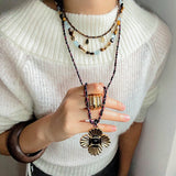 “Fortune Circle” Shell Hibiscus & Clover Long Necklace - floysun