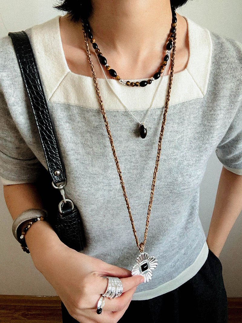 “Fortune Circle” Shell Hibiscus & Clover Long Necklace - floysun