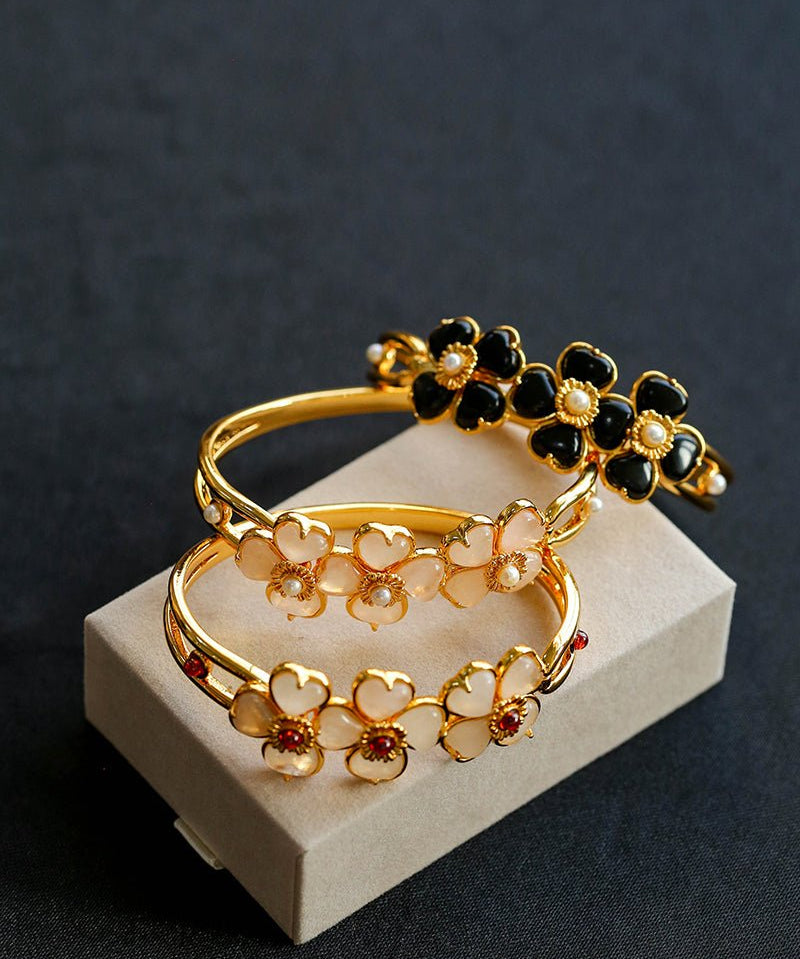 Four - leaf Clover Bangle Bracelets With Black Agate White Crystal Rose Quartz - floysun