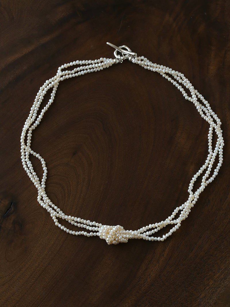 French Chic Multi - Layer Rice Pearl Choker - Hand - Knotted Natural Freshwater Pearl Necklace - floysun