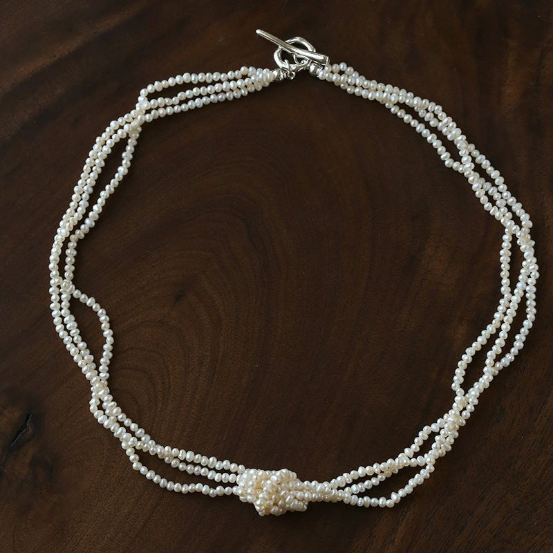 French Chic Multi - Layer Rice Pearl Choker - Hand - Knotted Natural Freshwater Pearl Necklace - floysun