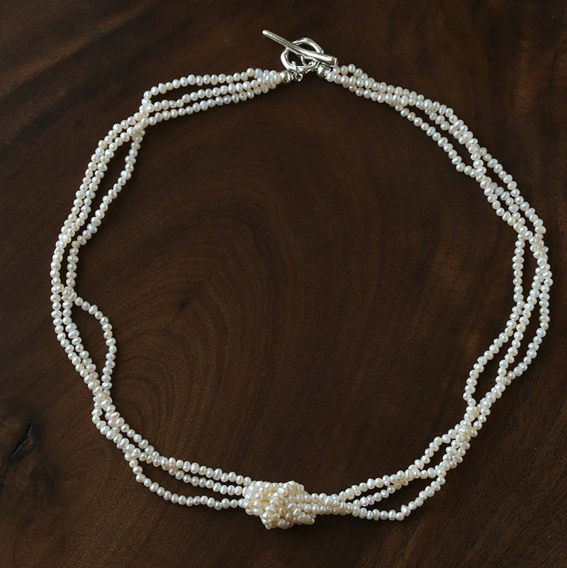 French Chic Multi - Layer Rice Pearl Choker - Hand - Knotted Natural Freshwater Pearl Necklace - floysun