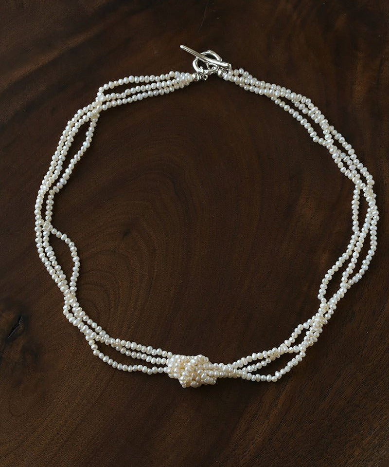 French Chic Multi - Layer Rice Pearl Choker - Hand - Knotted Natural Freshwater Pearl Necklace - floysun