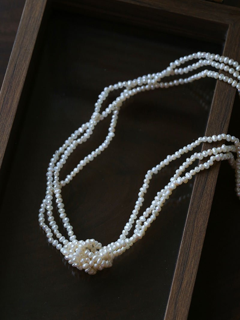 French Chic Multi - Layer Rice Pearl Choker - Hand - Knotted Natural Freshwater Pearl Necklace - floysun