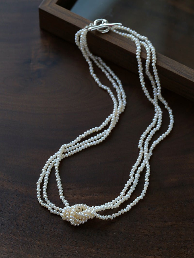 French Chic Multi - Layer Rice Pearl Choker - Hand - Knotted Natural Freshwater Pearl Necklace - floysun