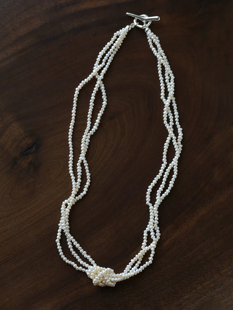 French Chic Multi - Layer Rice Pearl Choker - Hand - Knotted Natural Freshwater Pearl Necklace - floysun