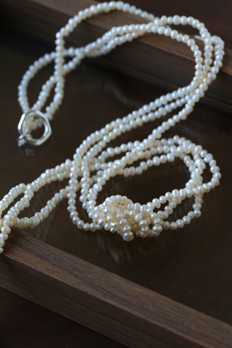 French Chic Multi - Layer Rice Pearl Choker - Hand - Knotted Natural Freshwater Pearl Necklace - floysun