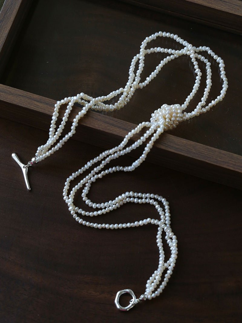 French Chic Multi - Layer Rice Pearl Choker - Hand - Knotted Natural Freshwater Pearl Necklace - floysun