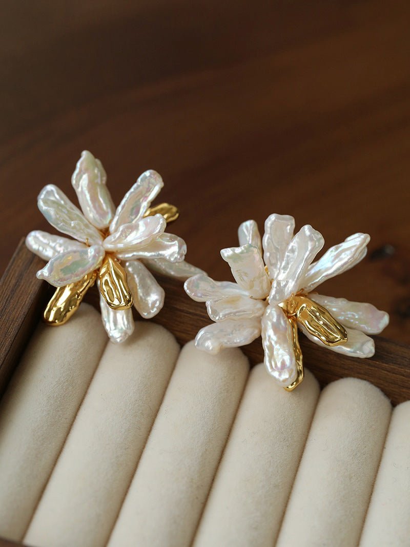 French Natural Toothpick Baroque Pearls Flower Earrings - floysun