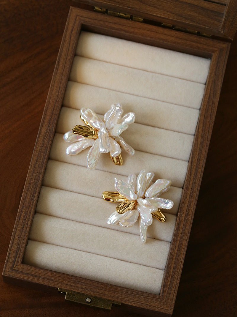 French Natural Toothpick Baroque Pearls Flower Earrings - floysun