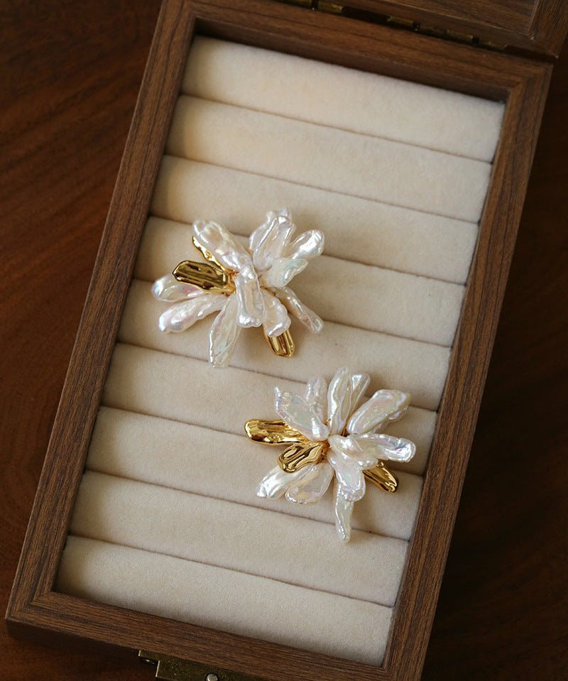 French Natural Toothpick Baroque Pearls Flower Earrings - floysun