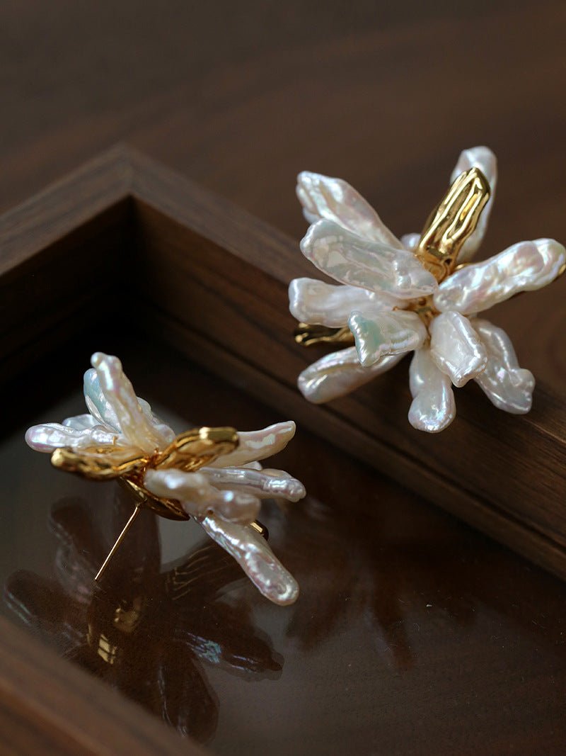 French Natural Toothpick Baroque Pearls Flower Earrings - floysun