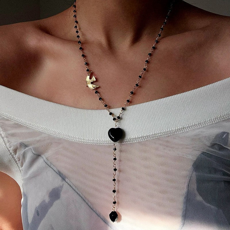 French Romantic Peace Dove Pearl & Black Onyx Y Necklace - floysun
