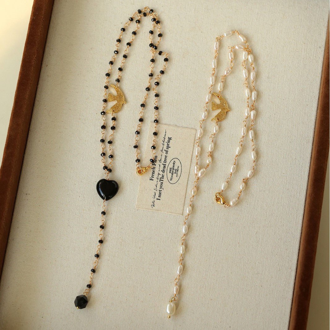 French Romantic Peace Dove Pearl & Black Onyx Y Necklace - floysun