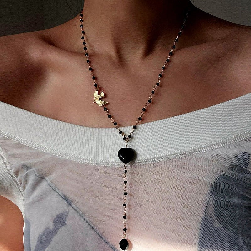 French Romantic Peace Dove Y Necklace – Pearls & Black Onyx - floysun