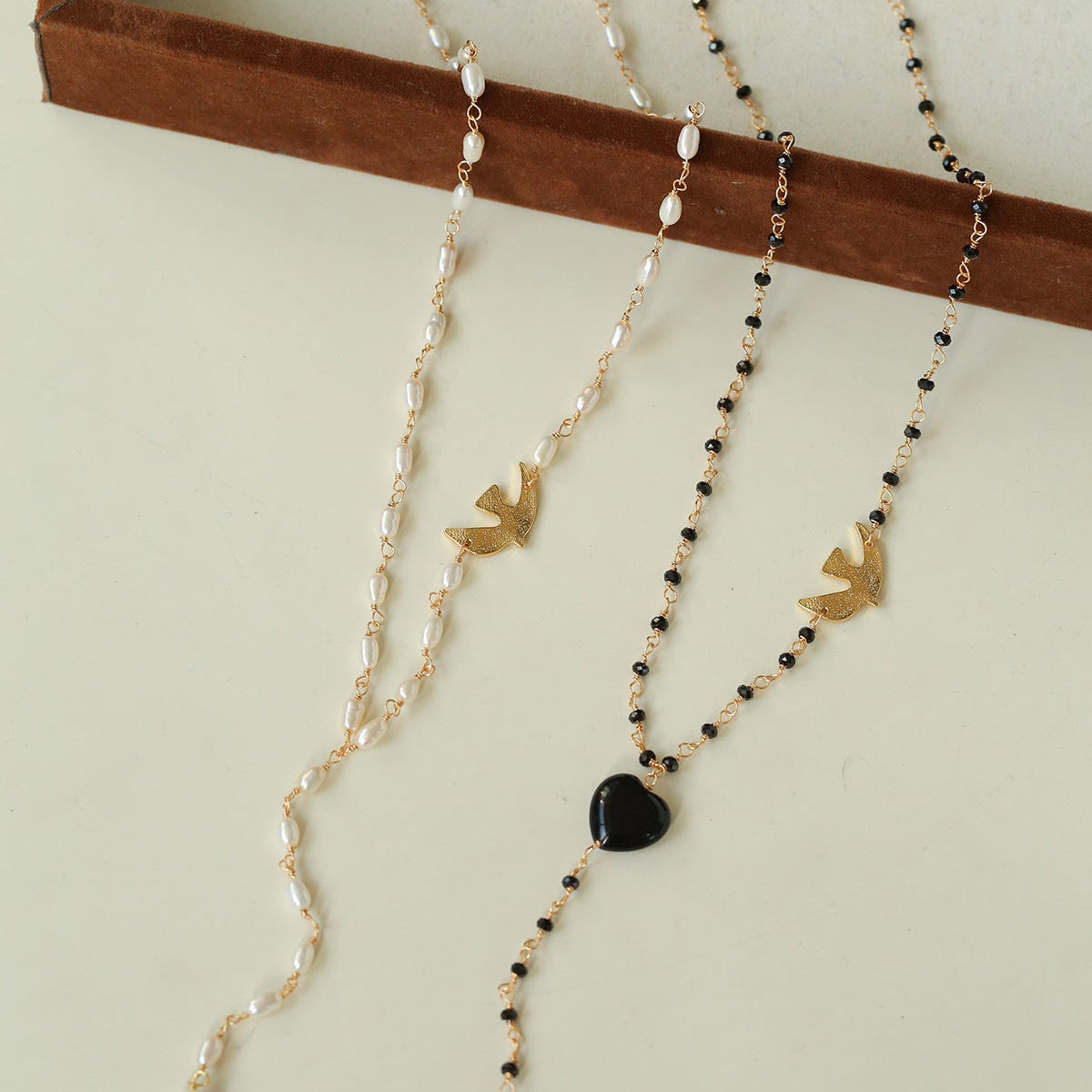 French Romantic Peace Dove Y Necklace – Pearls & Black Onyx - floysun
